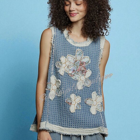 POL Slouchy Frayed Floral Patchwork Baggy Sleeveless Drapery 100% Cotton Jean To - Picture 3 of 11